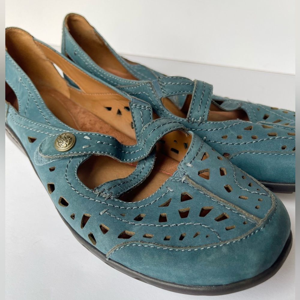Cobb Hill New Balance Teal Suede Criss Cross Mary Janes Velcro Strap Sandals - Picture 5 of 10
